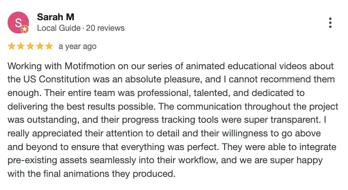 Google testimonial from client Sarah praising corporate training video productions.