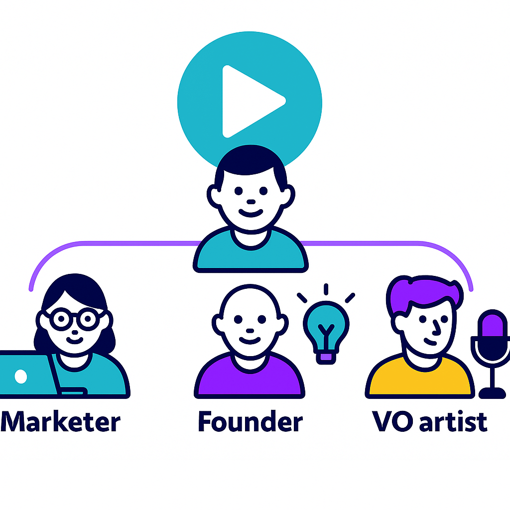 Script timer use cases shown for marketers, founders, and voiceover artists with icons and play button.