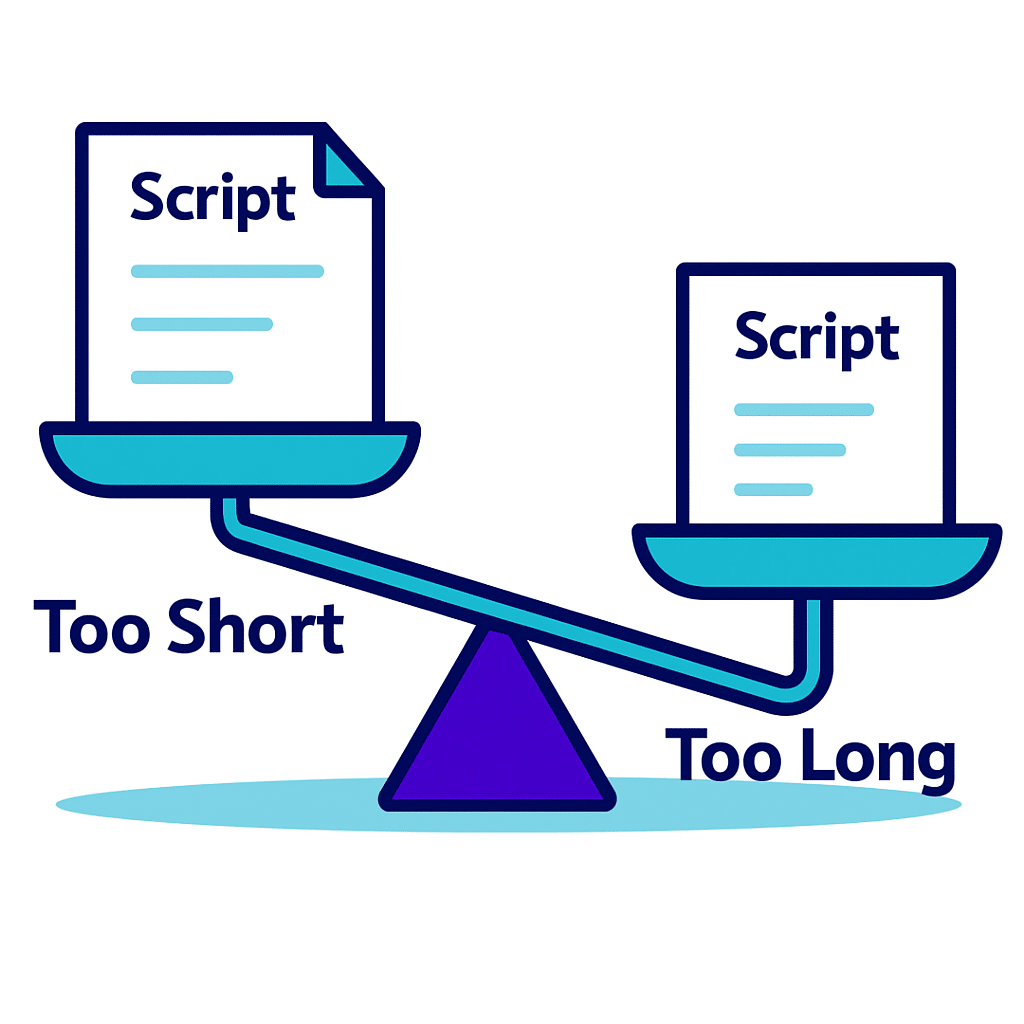 Script timer illustration showing balance between scripts that are too long or too short, visualized on a seesaw.