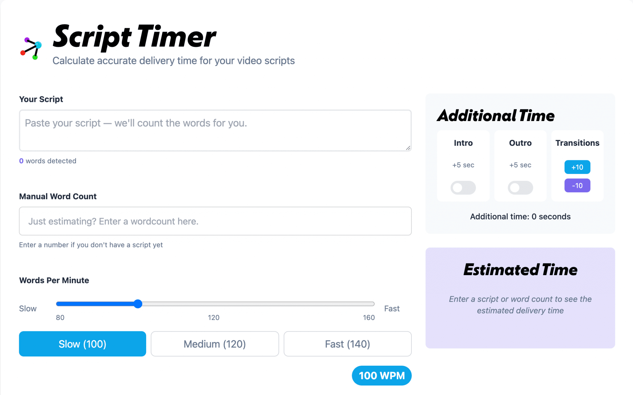 Script Timer web interface showing script input, manual word count, adjustable words-per-minute slider, and options for adding intro, outro, or transition time to estimate video delivery duration