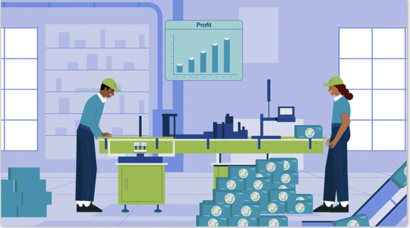 Industrial video production – animated factory workers organizing an assembly line