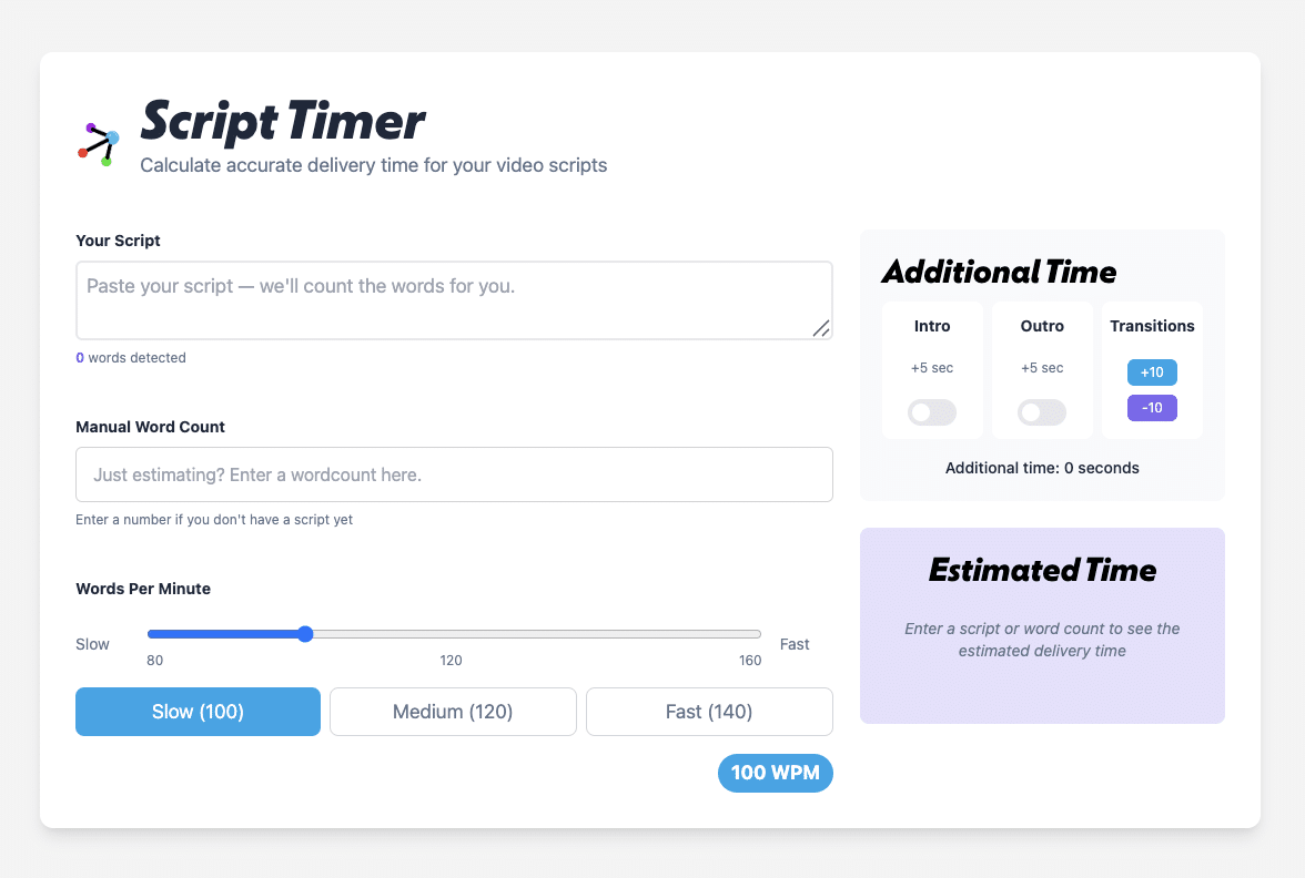 Video Tools Script timer message goals: explain clearly, excite the viewer, or reassure the audience using tone control.
